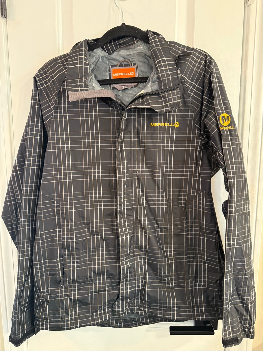 Merrell Opti-Shell Waterproof Hooded Men’s Rain Shell Jacket Gray Plaid M